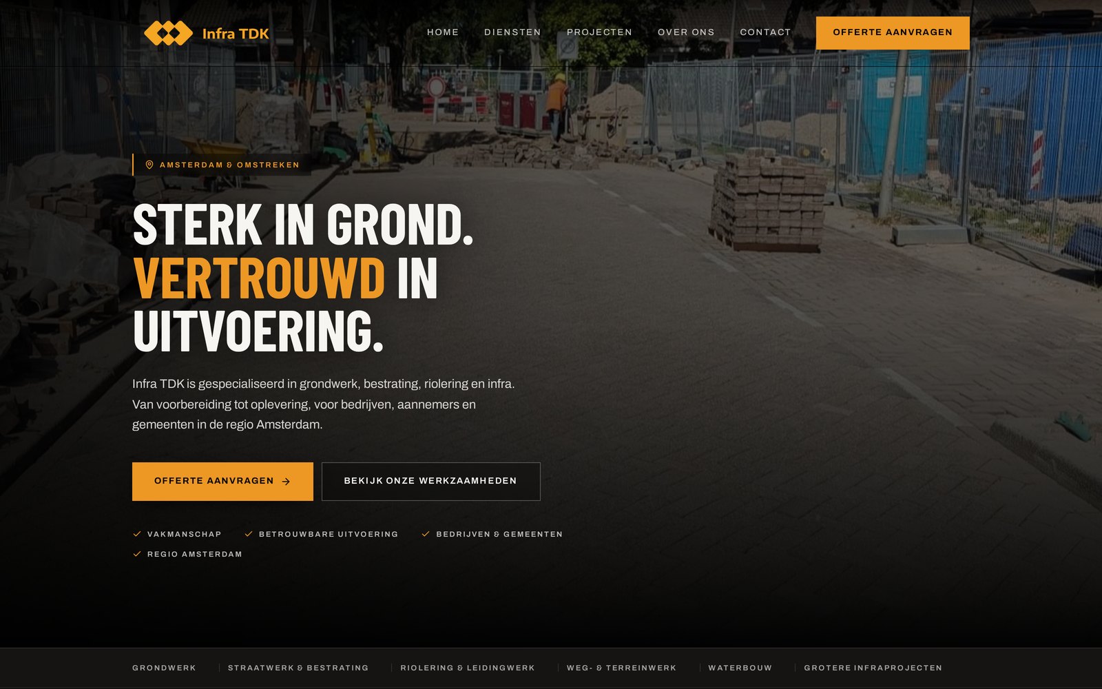 Homepage van de live website van Infra TDK